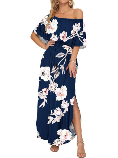 Damen Blumiges Schulterfreies Sommer-Maxikleid