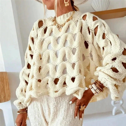 Damen Pullover mit langen Ärmeln und Häkelstrickmuster