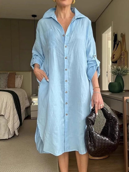 Lässiges Baumwoll-Leinen-Kleid mit Rüschen und quadratischem Ausschnitt