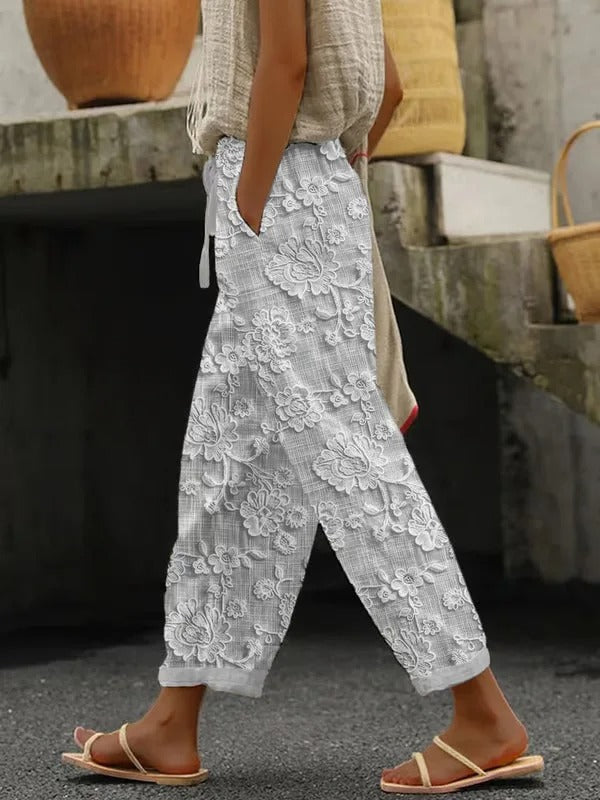 Bestickte Leinenhose mit Spitze und Blumendetails für Damen