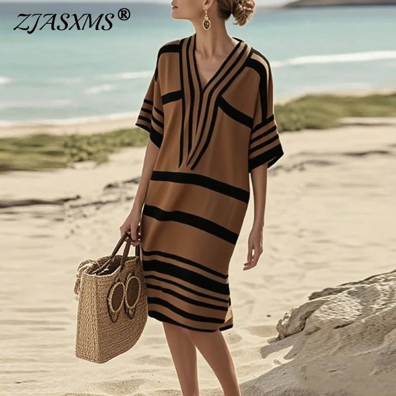 Boho Vintage Print Kleid mit V-Ausschnitt für Damen