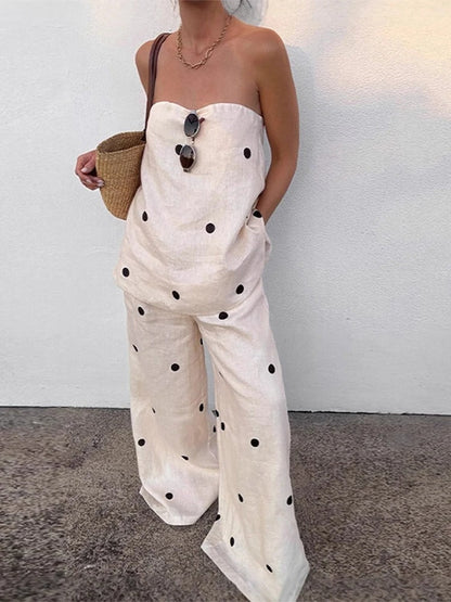 Leinenmischung Polka-Dot Bandeau-Top mit weitem Bein Hose Set