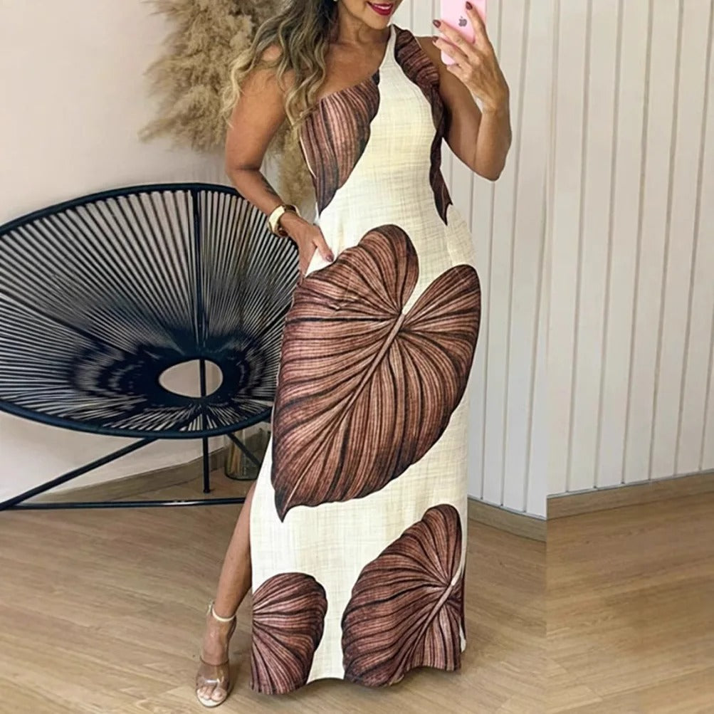 Elegantes Maxikleid mit Palmenprint und einseitigem Träger