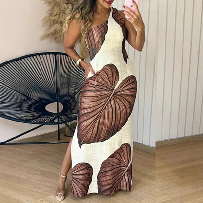Elegantes Maxikleid mit Palmenprint und einseitigem Träger