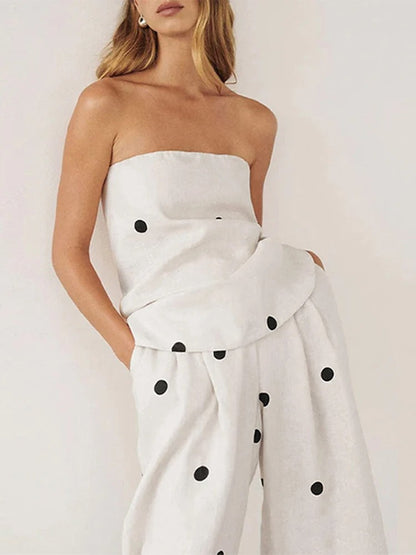 Leinenmischung Polka-Dot Bandeau-Top mit weitem Bein Hose Set