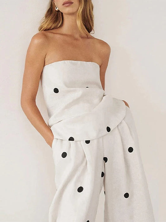 Leinenmischung Polka-Dot Bandeau-Top mit weitem Bein Hose Set