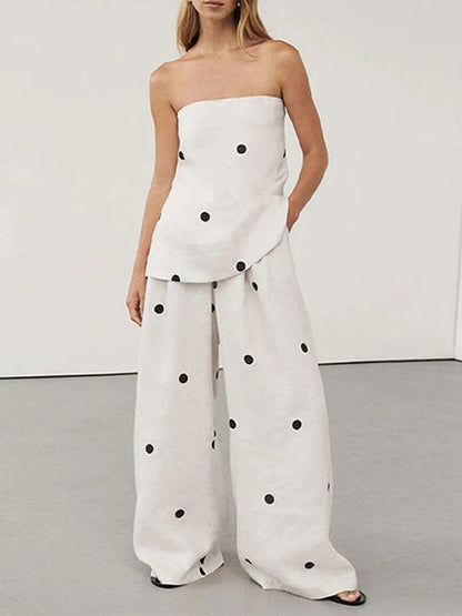Leinenmischung Polka-Dot Bandeau-Top mit weitem Bein Hose Set