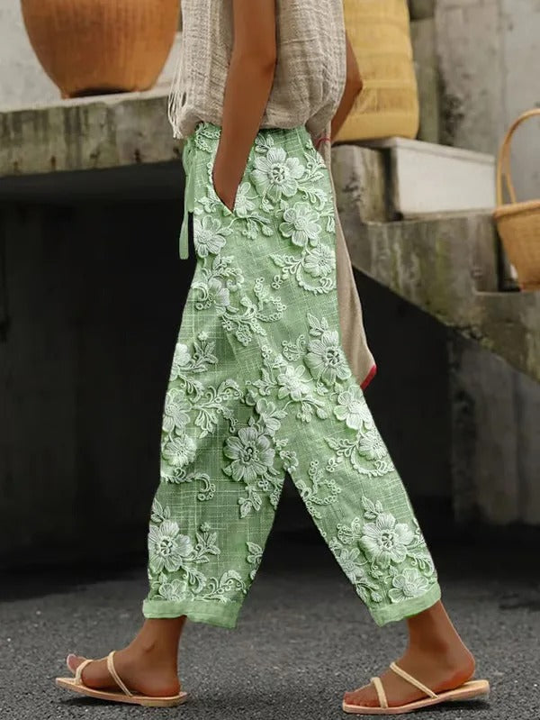 Bestickte Leinenhose mit Spitze und Blumendetails für Damen