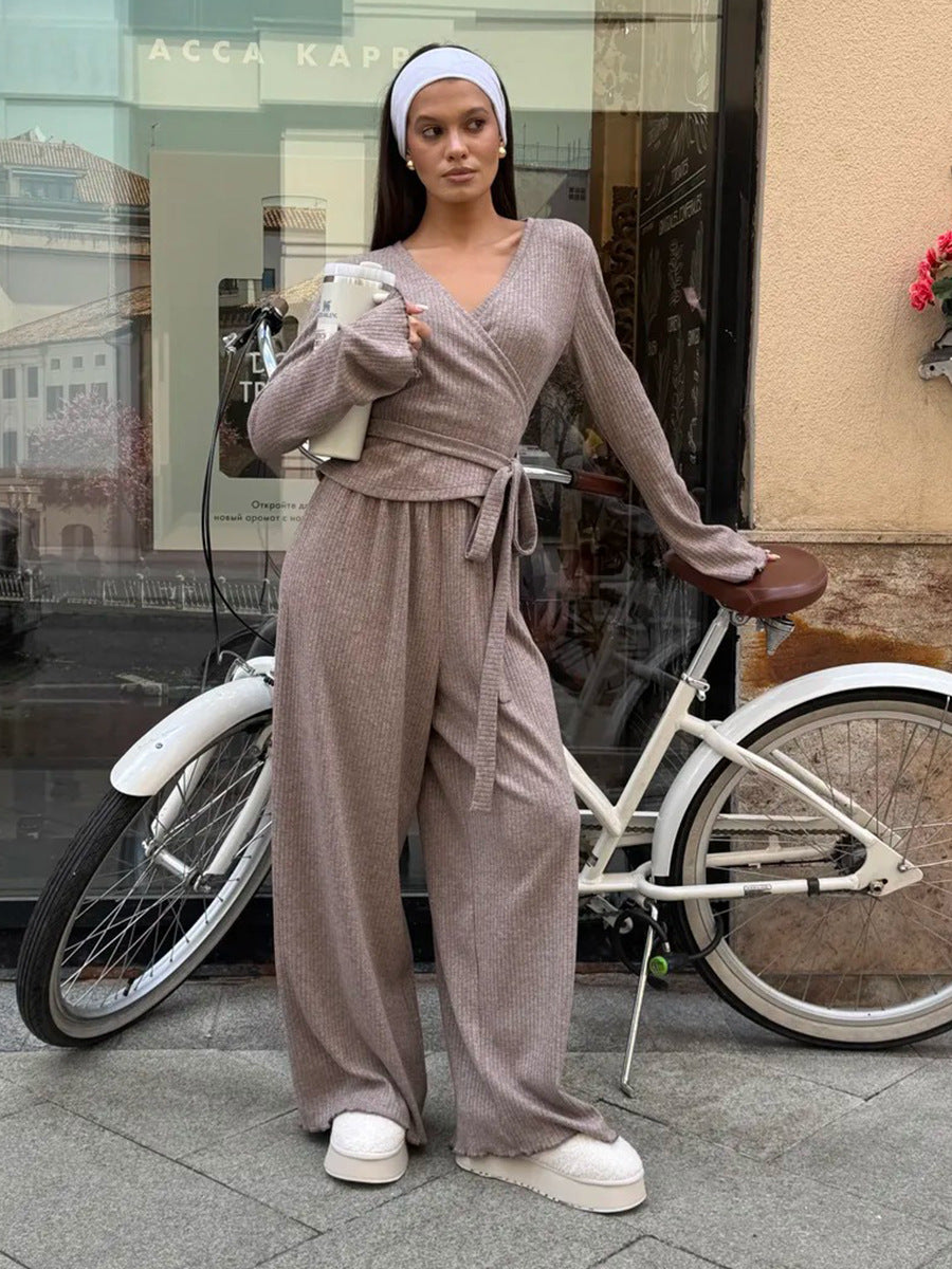 Grau geripptes Strick Crop-Top mit langen Ärmeln und weitem Hosen-Set