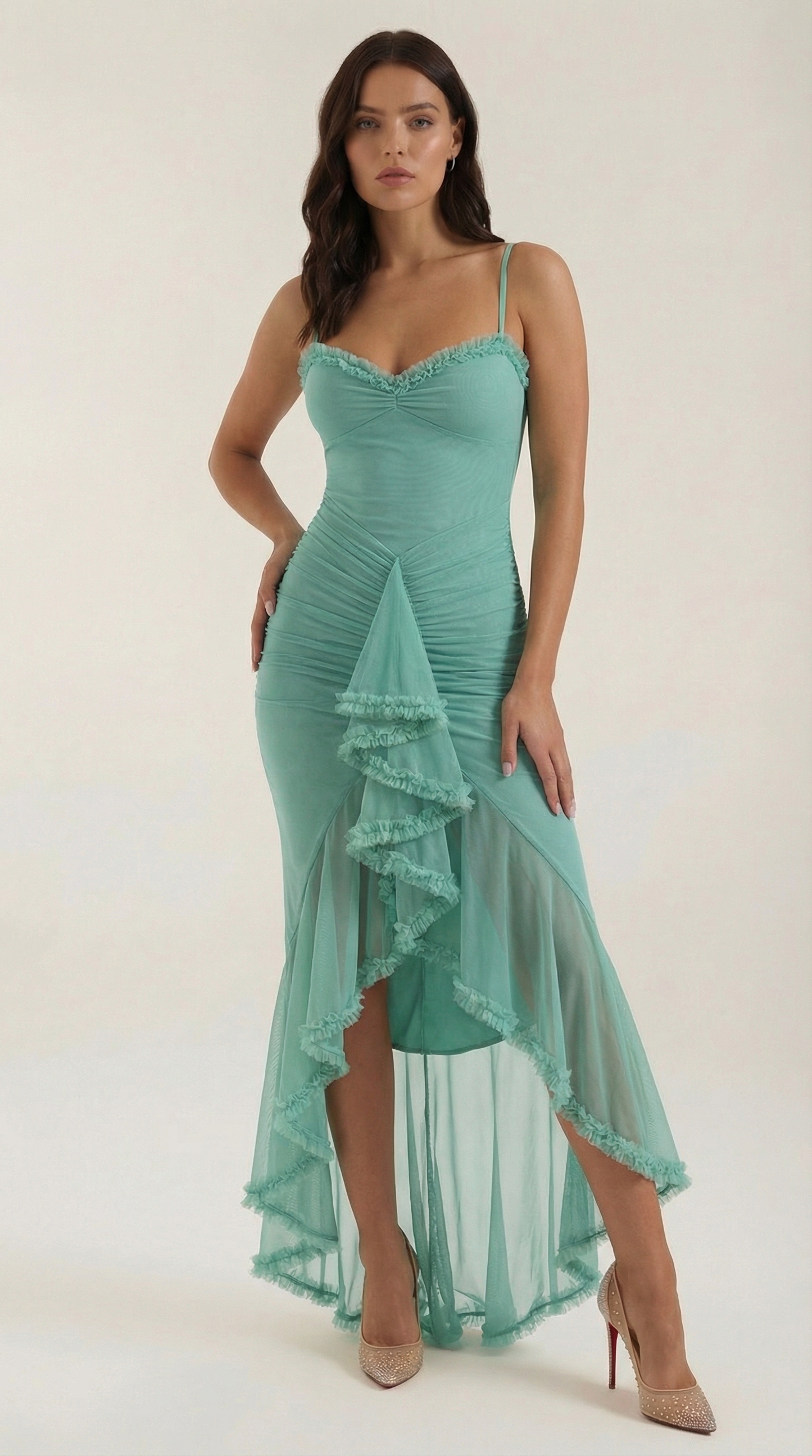 Damen Maxikleid mit Volants und asymmetrischem Saum