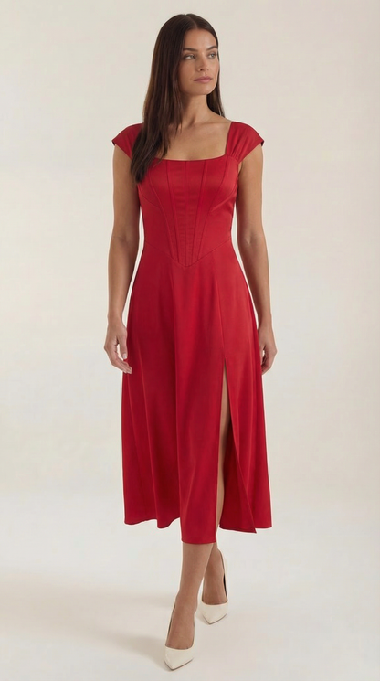 Damen Korsett Midi Kleid Hochzeitsgast Kleid