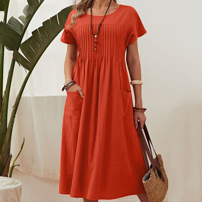 Plissiertes Midikleid mit kurzen Ärmeln und Taschen
