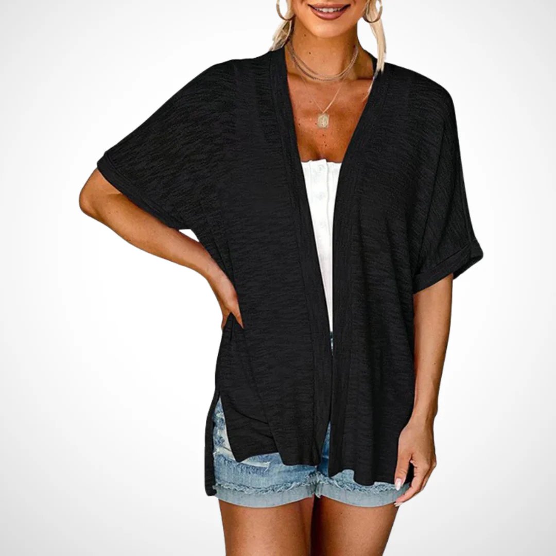 Stilvoller Strickcardigan mit kurzen Ärmeln und offenem Schnittdesign