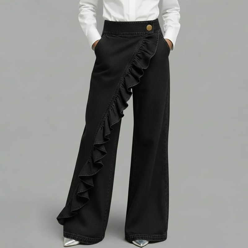Asymmetrische Jeans mit weitem Bein und Volant