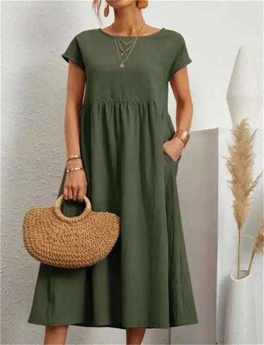 Ingrid® I Stilvolles einfarbiges Sommerkleid aus leichter Baumwolle und Leinen
