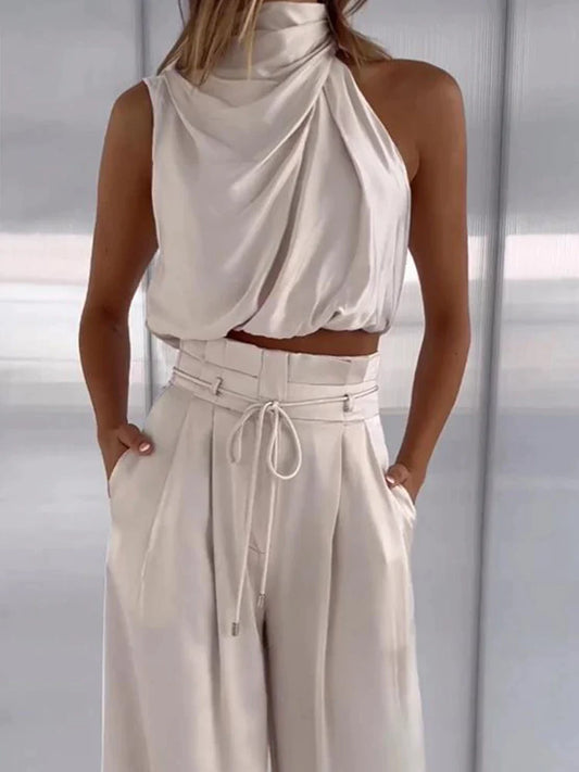 Beige Plissé Seiden-Hosen-Set für Damen – Elegant, Zweiteilig, Formal